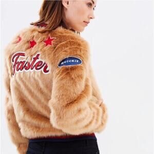 MOTHER The Letterman Patch Bomber Jacket Small Brown Faux Fur Small